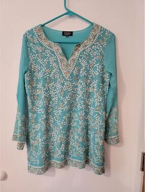 Aneri Embroidered Turquoise Long Sleeve Tunic Top Size 42 Size M